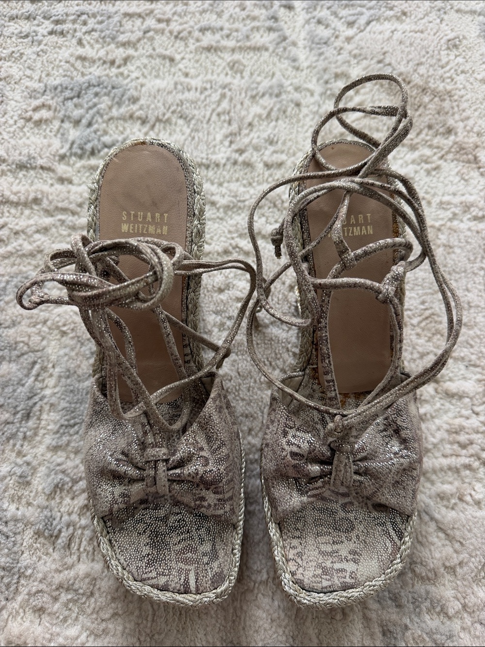 Stuart Weitzman Shimmery Taupe Lace-Up Espadrille Wedges